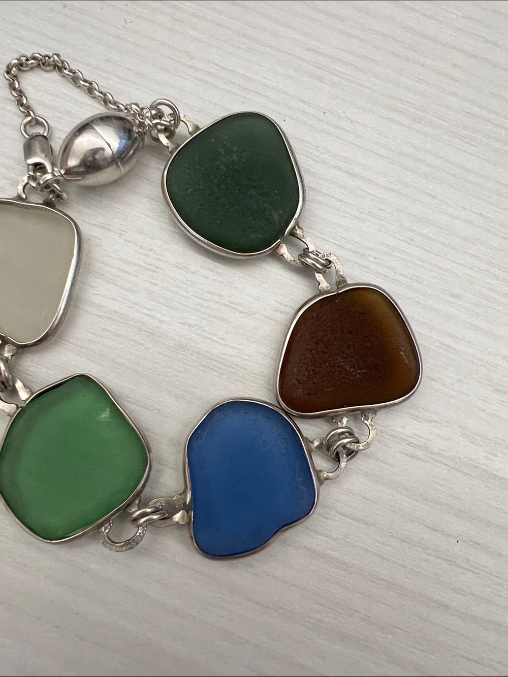 Sterling Silver Blue and Green Sea Glass Link Bracelet - Picture 5 of 9